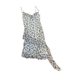 Blue floral sun dress with layered ruffles.